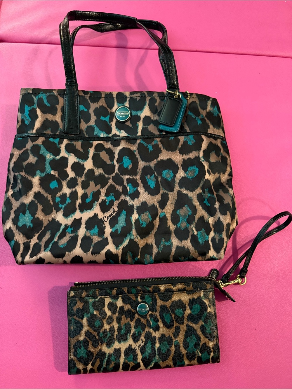 Coach ocelot Leopard Print Tote & Wristlet in Teal, Black, Brown